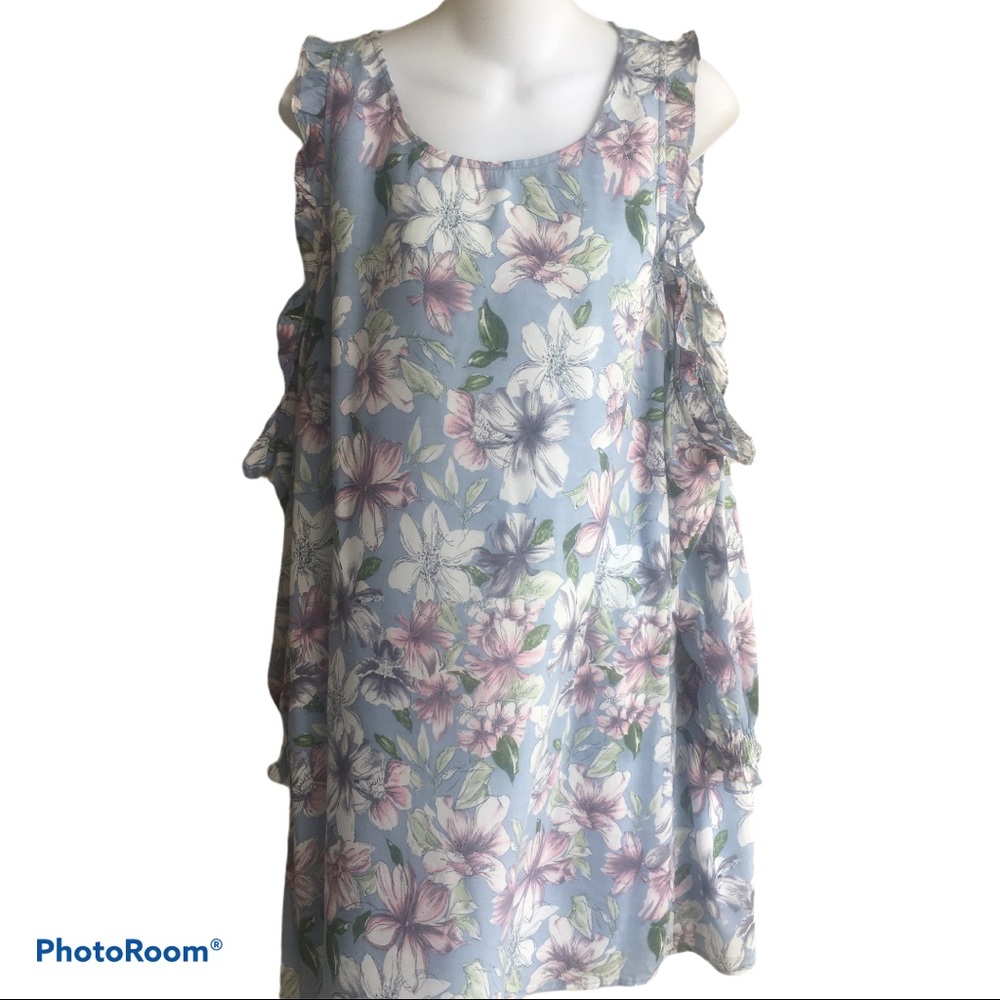 NWT Entro Light Blue Floral Cold Shoulder Dress A-line Large Rayon